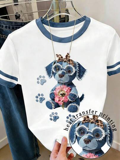女士休闲卡通小狗印花圆领短袖T恤，通勤和外出皆宜