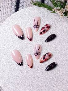 10 Pieces Handmade Almond-Shaped False Nails With Amber Smudge, Brown French Tips, Polka Dots And Bows. Features Hand-Painted Amber Smudge And Brown Bows, Along With Handcrafted Brown French Tips And White Polka Dots. These Elegant, Romantic And Minimalist Press-On Nails Boast A High-End, Sexy And Light-Luxury Style. Perfect For Daily Wear, Dates, Concerts And Light Business Occasions, They Make An Excellent Gift For Women And Girls. - Multicolor - View 5