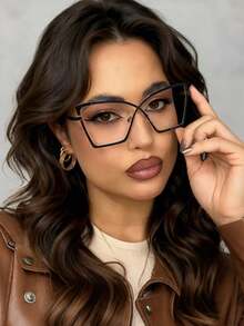 1pc Large Frame Cat Eye Metal Fashion Eyeglasses Frame, Retro Personalized Versatile Transparent Glasses, Unisex Suitable For Daily Wear, Commuting, Reading And Writing - Black - View 2