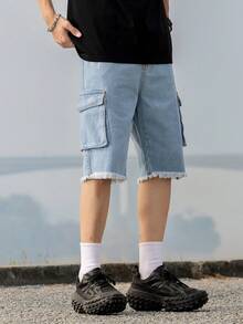 Teenage Boys' Casual Campus Fashion Straight Leg Denim Shorts, Versatile Streetwear - Light Wash - View 3