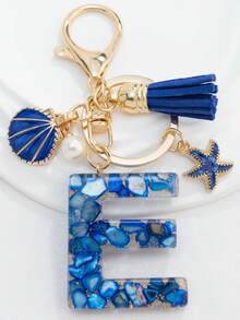 1PC Boho Nautical 26-Letter Resin Keychain - Blue & Golden Initial Pendant With Starfish/Shell/Tassel Charms, Fashionable Key Ring & Couple Bag/Backpack/Beach Bag Charm, Ideal Holiday Gift For Valentine's Day/Birthdays/Parties - Royal Blue - View 18