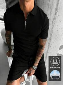 男士休闲纯色半拉链 Polo 衫，夏季百搭 - 黑色 - 查看 2
