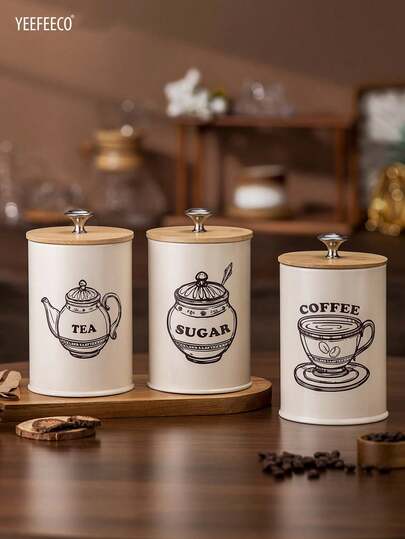 yeefeeco 3 Pieces Set Of Coffee Storage Cans, Tea Coffee Bean Storage Cans, Kitchen Food Seasoning Storage Boxes/Cans, Sealed Cans With Lids, Moisture-Proof Cans, Suitable For Kitchen Storage, Can Store Coffee Beans, Tea, Salt, Sugar And Grains.