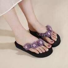 Osa 3D立体花卉女士人字拖，紫色网眼花朵时尚百搭轻便舒适沙滩凉鞋 - 黑色 - 查看 4