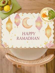 热销斋月波浪边餐垫套装（1/4/6件装）| 12*18英寸月光图案，适用于餐桌、餐厅、生日派对和餐饮装饰，亚麻材质，可手洗或机洗 - 彩色 - 查看 3