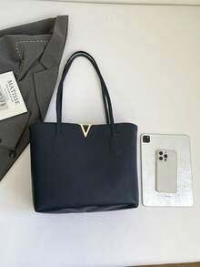 极简风格女士手提包，时尚百搭大容量单肩包，带拉链隔层的工作包 - 藏蓝色 - 查看 5