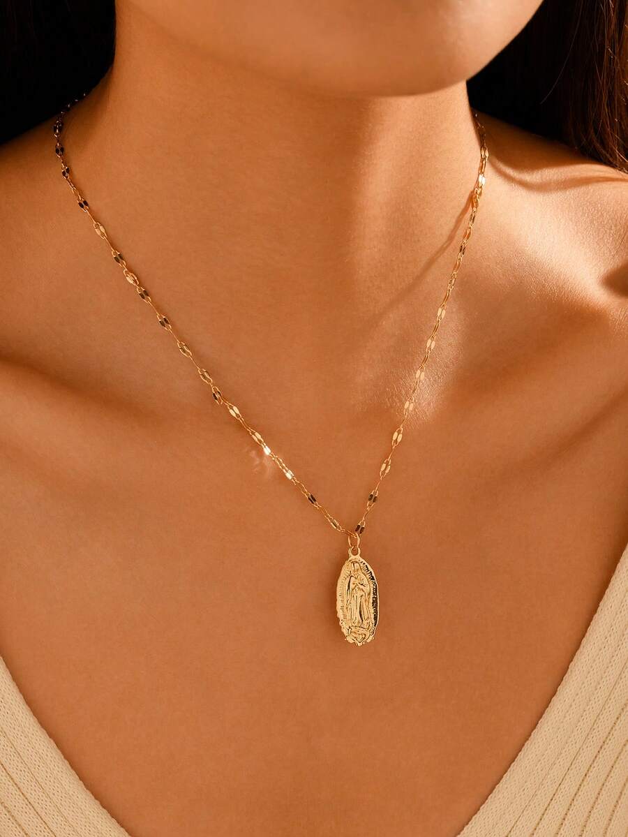 1件时尚椭圆形亮面圣母玛利亚铜镀金女士吊坠项链，适合日常佩戴、送礼和个人祈祷，情人节、妈妈、母亲节礼物。 - 瑪莉 - 查看 1