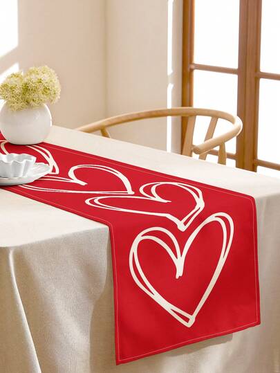 1개 발렌타인 데이 하트 패턴 린넨 테이블 러너, 휴일, 파티, 생일, 저녁 식사, 주방 및 식탁 장식, 신발 캐비닛 커버, 모든 시즌 홈 데코에 적합