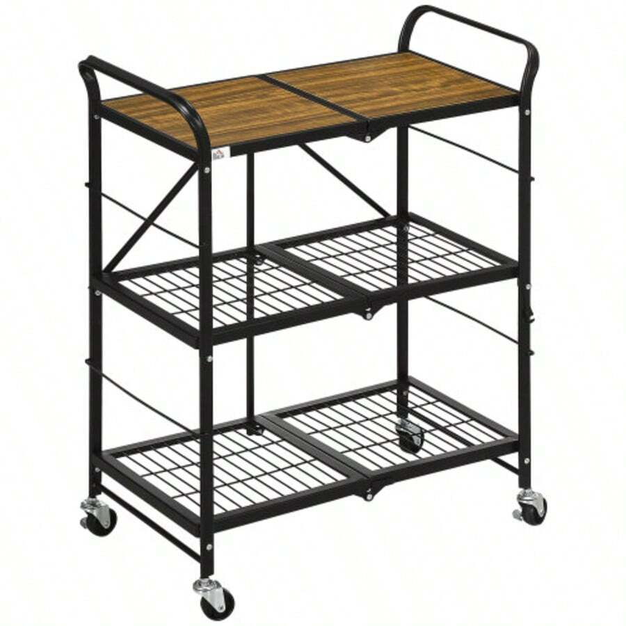 Folding Kitchen Trolley, 3-Tier Service Trolley With Handle, On 4 Wheels, Made Of Steel, Brown And Black.