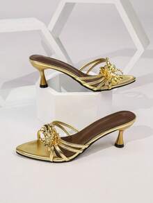Women's Fashionable Pointed Toe Thin Heel Strap Slide Sandals, Sexy High Heel Outdoor Slippers - Gold - View 7