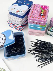 100pcs/Box Girls' Minimalist Daily Wave Barrette, Black Bear Design - Multicolor - View 4