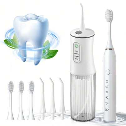一套手持式电动冲牙器（含4个喷嘴）、一套成人电动牙刷（含4个可替换刷头）、IPX7级防水、持久耐用、USB充电式牙齿清洁器、电动冲牙器和电动牙刷组合套装，适用于家庭口腔护理