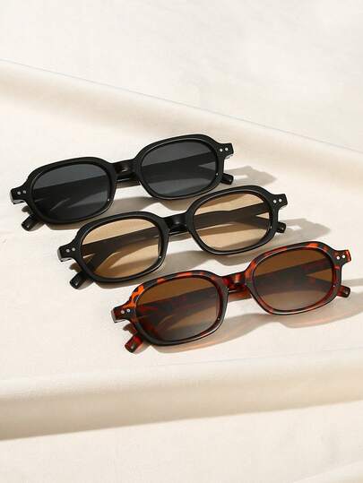 3副时尚简约方形小框眼镜套装，铆钉装饰，复古窄框，适合多种脸型，轻便耐用，时尚女镜，适合时尚穿搭、度假、户外活动