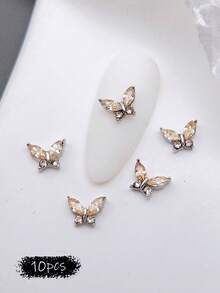 10 件迷你金属水钻蝴蝶美甲装饰 3D 粉色香槟白色指甲饰品，适用于水晶指甲和短指甲，指甲装饰和珠宝制作蝴蝶 DIY 指甲用品指甲饰指甲宝石