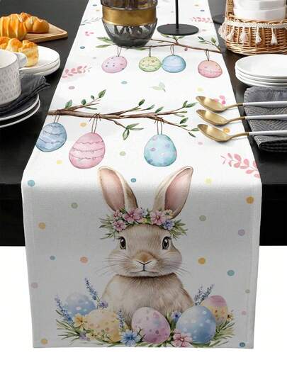 Easter Bunny Eggs Flower Floral Table Runner Party Decor Reusable Spring Farmhouse Kitchen Dining Table Runner Easter Decorations