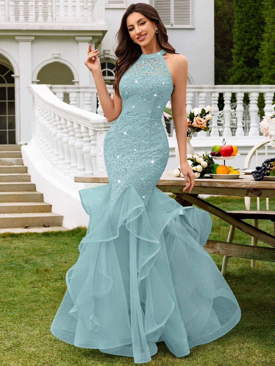 Sequin Floral Lace Contrast Color Mesh Backless Ruffle Hem Formal Party Maxi Dress, Elegant Ladies Party Gown, Formal Evening Dress, Ball Gown, Suitable For Wedding Guest, Graduation Ceremony, Gala Dinner And Other Occasions Spring