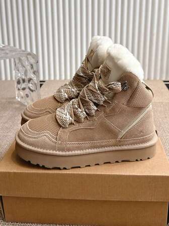 Thick Sole Hiking Boots, Faux Fur Collar, Lace-Up Side Zipper, New Snow Boots, Lace-Up Fleece-Lined Winter Shoes