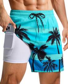 4inch Mens Swim Trunks: With Compression Liner Zipper Pocket Drawstring Quick Dry Stretch Lined Tree Beach PoolA Valentine's Day HZTD - Blue Striped Tree - View 5