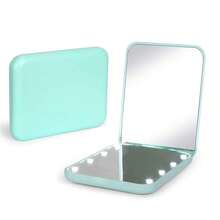 LED Mini Travel Makeup Mirror, 1X/3X Magnified, Compact Folding Handheld Mirror With Light, Double-Sided, Portable, Varnished Finish, Plastic Frame, Cartoon Theme, Unscented, Dresser Mount, Button Battery Powered, Non-Rechargeable - Ideal Gift - Màu xanh Bạc hà - Xem 1