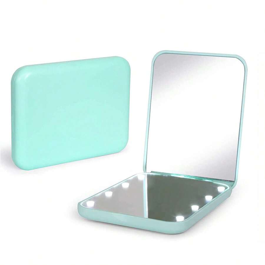 LED Mini Travel Makeup Mirror, 1X/3X Magnified, Compact Folding Handheld Mirror With Light, Double-Sided, Portable, Varnished Finish, Plastic Frame, Cartoon Theme, Unscented, Dresser Mount, Button Battery Powered, Non-Rechargeable - Ideal Gift - Màu xanh Bạc hà - Xem 1