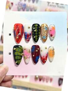 Ten-Piece Gothic Punk Handmade Nail Art, Colorful Styles, Handmade False Nails, Luxurious And High-End Style, Medium Almond-Shaped Press-On False Nails, Spring False Nails, Reusable False Nails, A Gift For Women, Nail Art, Suitable For Girls Or Ladies To Wear To Parties Or Everyday Wear. Nail Supplies Handmade Press On Nails - Multicolor - View 4