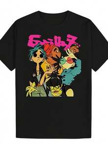 Camiseta Negra de Anime Neon para Hombre de Genesis con Ritsuko, Rei, Shinji y Logo Impreso - Camiseta Gráfica Vintage de Talla Grande, Camiseta de Manga Corta con Cuello Redondo Suave para Ropa de Calle, Hip Hop y Fans de Anime - Ajuste Casual para Todas las Estaciones, Ropa de Cultura Pop - Negro - Ver 1