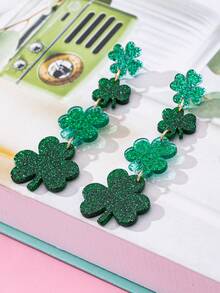 1对圣帕特里克节亚克力绿色四叶草长款吊坠耳环，女士节日佩戴饰品 - 長四葉草 - 查看 3