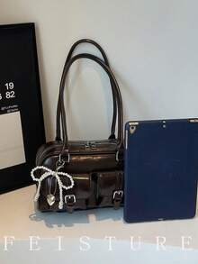 女士纯色PU多口袋保龄球包，单肩/腋下两用，饰有珍珠蝴蝶结，适合购物、约会、作为女士礼物，也适合青少年女孩、大学生、初学者和白领，是办公室、校园、工作和通勤的理想之选。 - 咖啡 - 查看 8