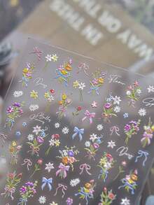 1 Sheet Spring Colorful Flowers Bow Nail Charms Stickers 5D Embossed Design Nail Art Stickers DIY Manicure Elegant Decoration Decal For Women Valentine's Day Gift Nails Nail Supplies - Multicolor - View 9