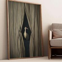 1pc 2D Surreal Bird Wall Art Print, Black And White Striped Curtain Illustration, Modern Abstract Statement Artwork - Multicolor - View 2