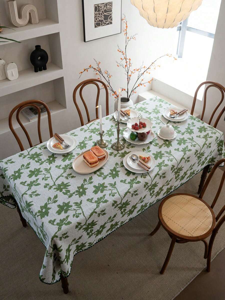 1pc Fresh Spring Rose Jacquard Tablecloth, Green Rose Jacquard Pattern With Shell Edge, Suitable For Spring Atmosphere, Holiday Gatherings, Birthday Parties, Weddings, Dinners, Home Decor, All Seasons - Multicolor - View 1