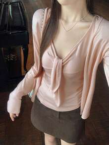 2pcs/Set Korean Style V-Neck Camisole Top - Pink - View 1