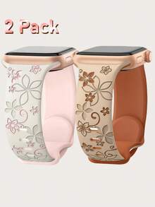 2条装花卉雕刻表带，兼容表带41mm 40mm 44mm 45mm 42mm 46mm 38mm 49mm，女士款，可爱紫荆花图案，柔软硅胶运动表带，兼容 Series SE 11 10 9 8 7 6 5 4 3 2 1 Ultra 3 2 - 星光/粉+奶茶/棕 - 查看 2