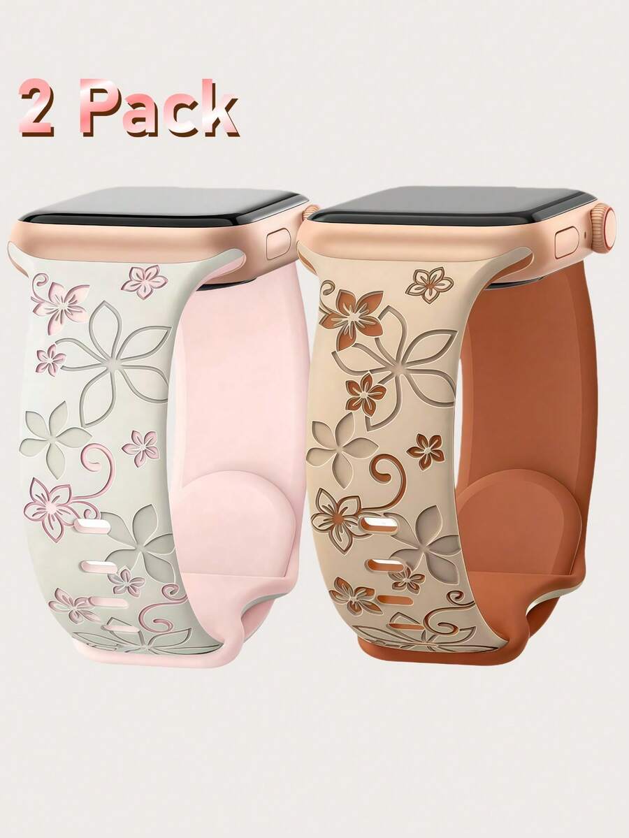 2条装花卉雕刻表带，兼容表带41mm 40mm 44mm 45mm 42mm 46mm 38mm 49mm，女士款，可爱紫荆花图案，柔软硅胶运动表带，兼容 Series SE 11 10 9 8 7 6 5 4 3 2 1 Ultra 3 2