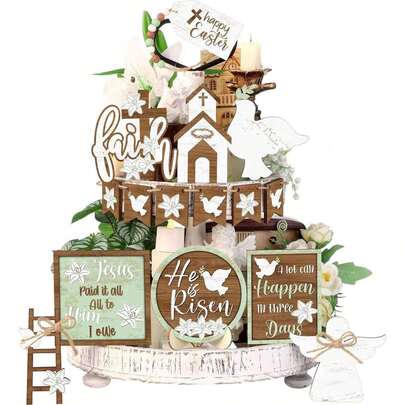 1/15 Piezas Decoración de bandeja escalonada de Pascua "Él ha resucitado" Cruz Señales de madera Feliz Pascua Jesús Decoración Iglesia Paz Nacimiento Flor Huevo Ángel Centro de mesa de escritorio para cocina, hogar, fiesta, rústico