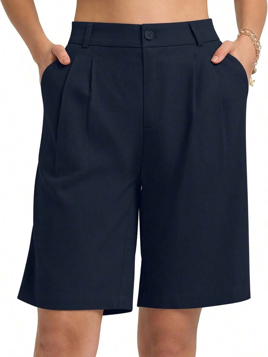 Women's Linen Shorts Dress Casual Wide Leg Summer Pleated Shorts High Waisted With Pockets 10A Valentine's Day 125J - 藏蓝色 - 查看 1