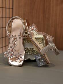 女童金色水晶花朵凉鞋 | 透明粗跟细带扣 - 金色 - 查看 3