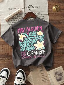 少女休闲印花圆领短袖T恤，夏季上衣 - 深灰色 - 查看 4