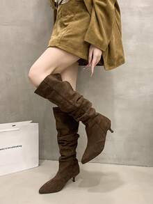 Women's Fashion Boots, 2025 Autumn/Winter New Arrival, Women's Shoes, Pointed Toe Pleated Tall Boots, Suede Slouchy Knee High Boots, Mini Kitten Heel Over-The-Knee Boots, Black Tall Boots - Brown - View 3