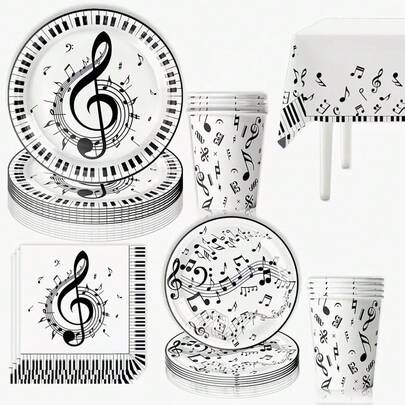 51/81 Pieces Of Musical Note And Singing-Themed Paper Tableware | Includes Dinner Plates, Dessert Plates, Paper Cups And Napkins, And A Tablecloth | Suitable For Weddings, Birthdays, Graduations, New Year's, Thanksgiving, Picnics, Camping, And Other Party Supplies.
