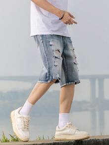 青少年男生休闲校园时尚直筒牛仔短裤，百搭街头服饰 - 淺色水洗藍 - 查看 3