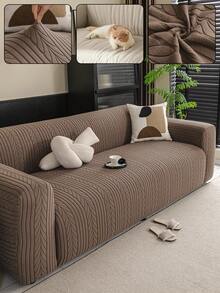 1PC Modern Minimalist Style Wheat Pattern Elastic Fully Enclosed Sofa Cover, All-Season Universal Sherpa Jacquard Pet-Friendly Anti-Dirt Lazy Sofa Protector Slipcover, Machine Washable - Dark Brown - View 2