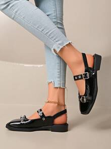 2026年新款女士平底鞋，设计师奢华搭扣时尚女士平底鞋，露跟尖头休闲凉鞋穆勒鞋 - 黑色 - 查看 4