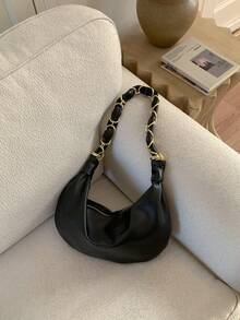 Dedoo 202新款黑色牛角包链条单肩包，女士高端风格，时尚百搭的通勤手提包，配有独特的肩带 - 黑色 - 查看 11