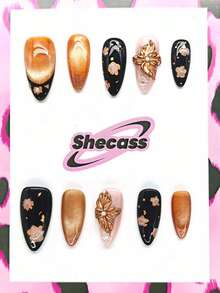 10pcs Handmade Almond Shaped Medium Brown 3D Floral Press-On Nails, Includes 3 Nail Tools, Nail Glue & Accessories, Acrylic Artificial Nails Suitable For Women & Girls For Party, Travel, School, Etc. Nail Supplies - Multicolor - View 1