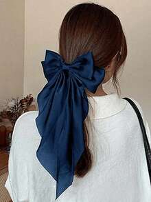 1个女士/女孩大号缎面蝴蝶结发夹，超大长尾缎带蝴蝶结发夹，法式大号丝滑发卡，适合情人节、节日、婚礼、派对、日常佩戴（蓝色蝴蝶结），爪夹，发夹，头饰，发卡 - 藏蓝色 - 查看 3