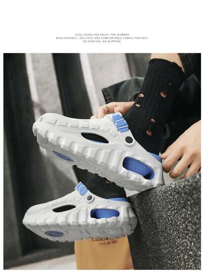 All Season Dual-Color Slip-On Men's Sandals, Beach Shoes With Thick Sole And Closed Toe, Plus Size