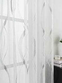 1pc White Modern Wavy Line Pattern Sheer Curtain, Simple & Elegant, Suitable For Office, Living Room, Bedroom, Kitchen, Balcony, Rod Pocket Hanging, Easy Installation - Silver - View 6