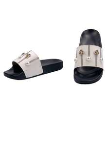 roulvxiang New Black, Brown, Apricot Slippers With Heart, Pentagram, Polka Dot, Metal Buckle Design, Casual Indoor/Outdoor, Beach, Waterproof Flat Sandals With Rhinestone Sequins For Women - White - View 4