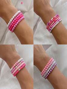 粉色粘土珍珠串珠手链DIY套装，包含米珠和亚克力珠，手工珠宝材料，适合情人节和友谊手链 - 情人粉紅色 - 查看 7